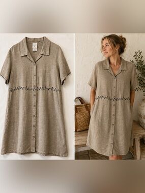 Vintage Marc Ware 100% Linen Midi Shirt Dress Medium Taupe Floral Embroidery USA